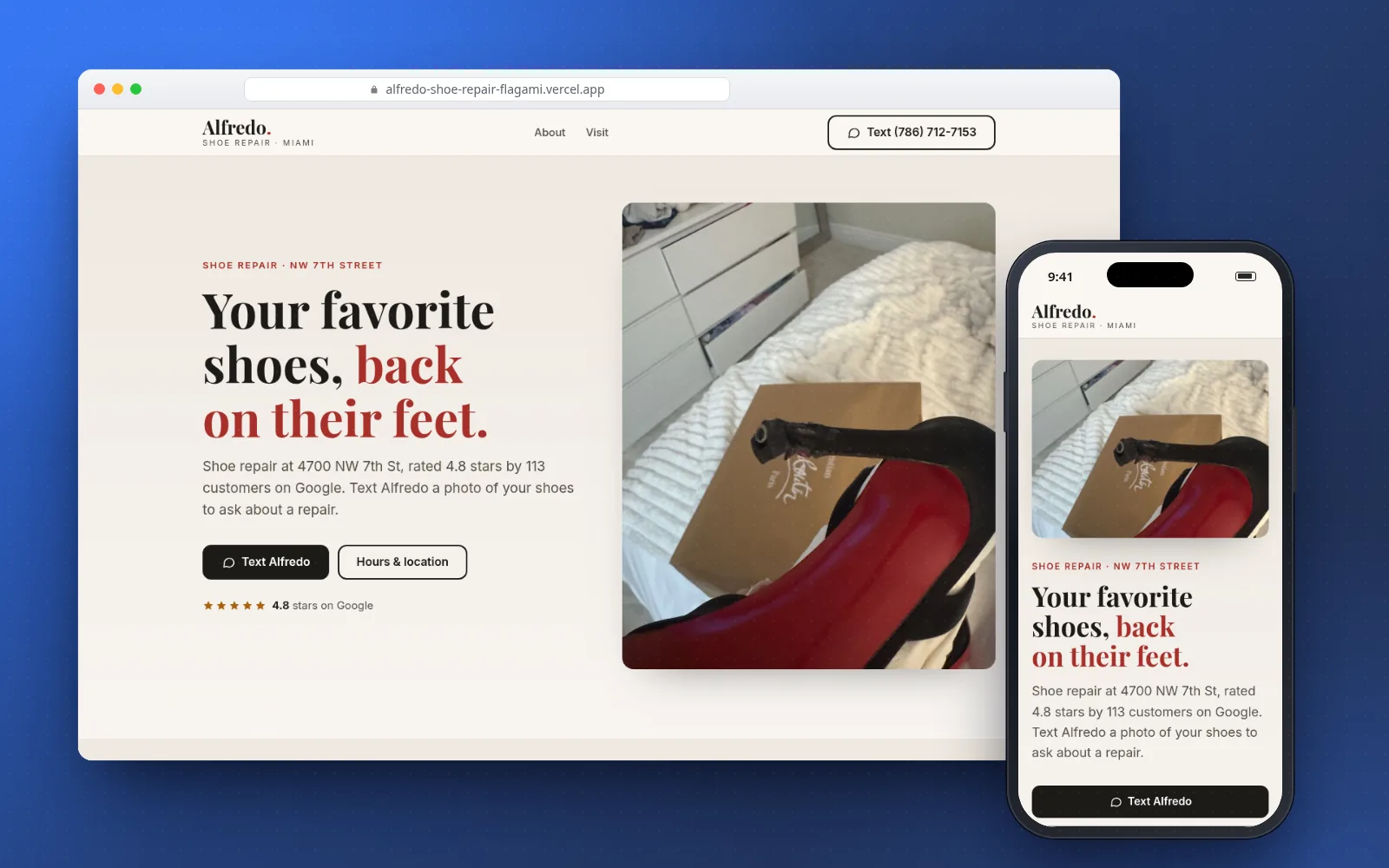 Website for Alfredo Shoe Repair, a local business, displayed on a laptop and phone.