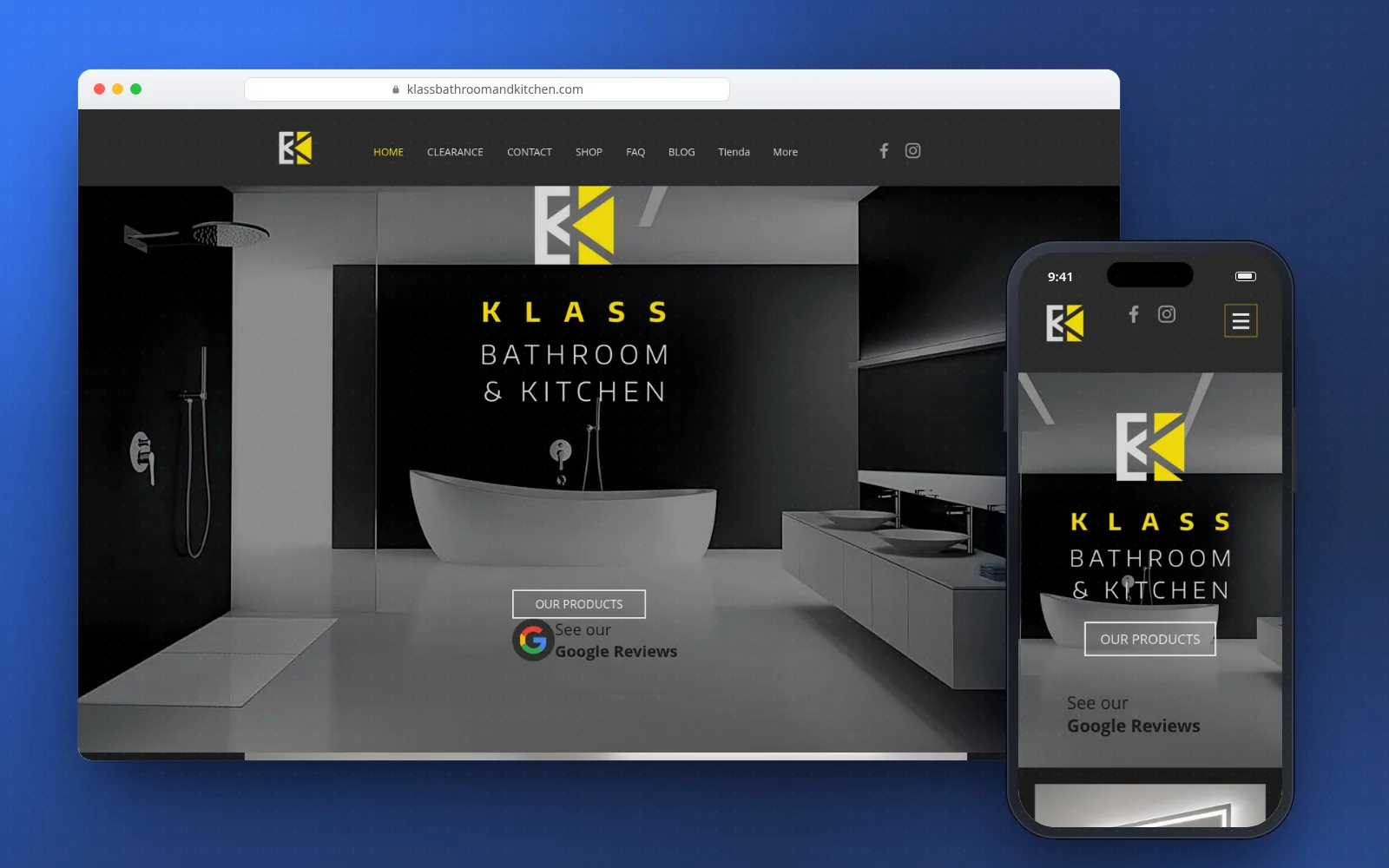 Klass Bathroom & Kitchen website shown on a laptop and a phone, demonstrating a live website built by Julius for local businesses.