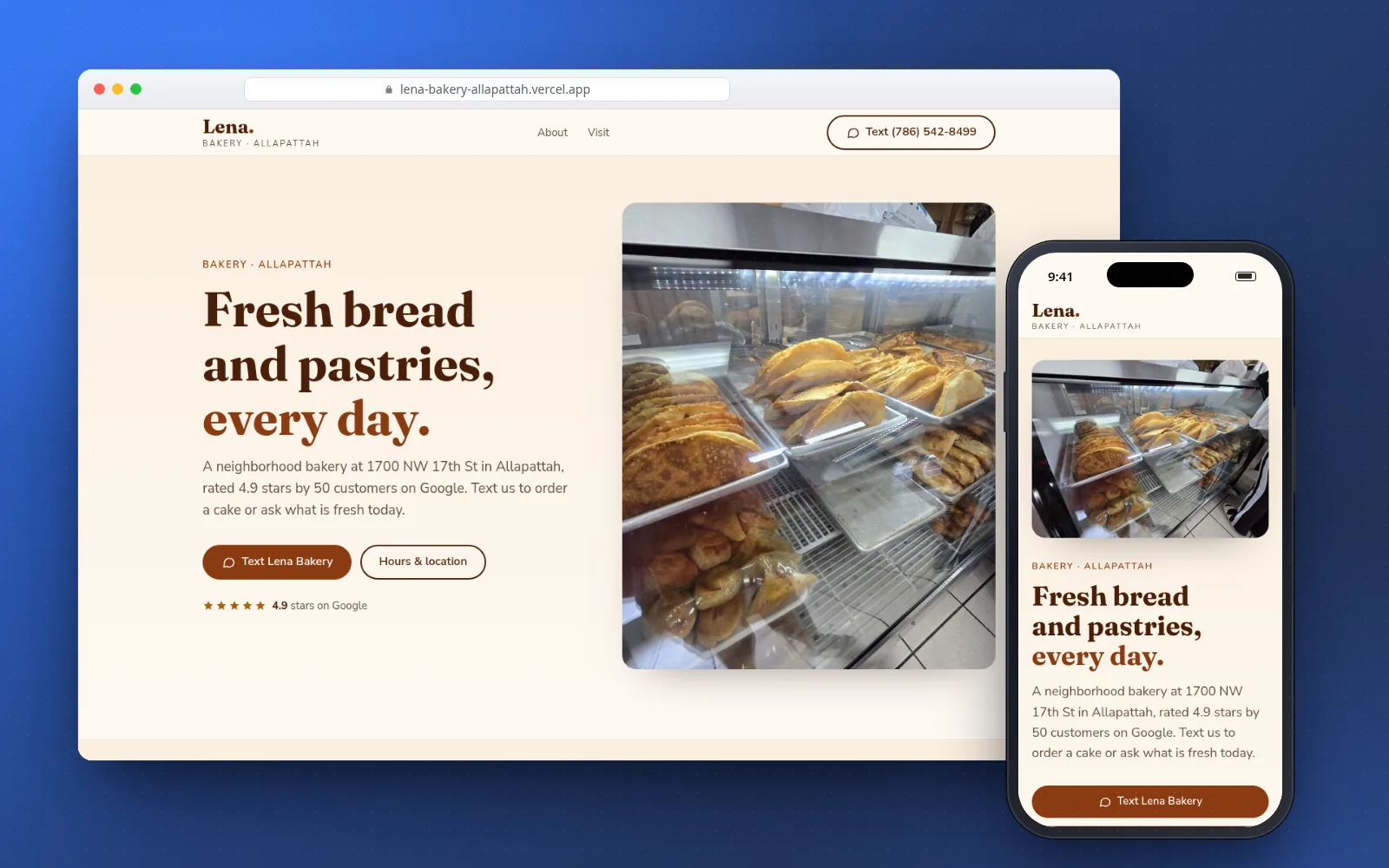 Lena Bakery website preview on laptop and phone, demonstrating a simple yet effective online presence for a neighborhood shop.