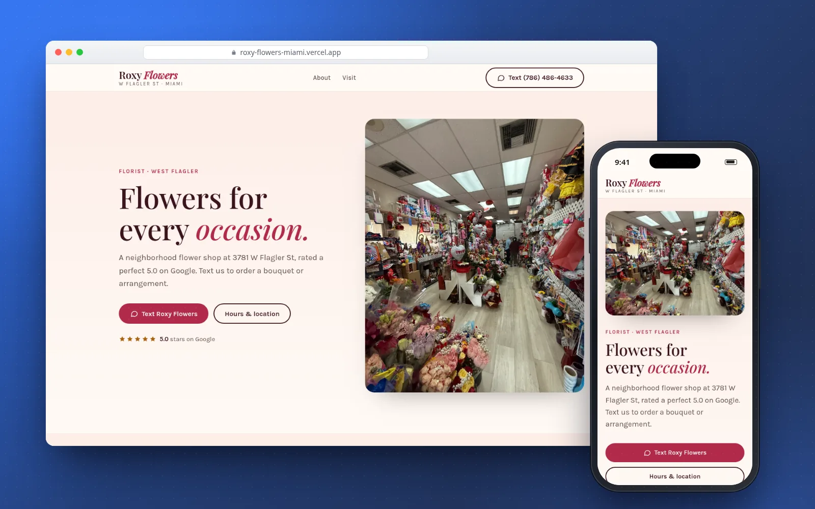 Roxy Flowers website shown on a laptop and a phone, demonstrating a professional online presence for a local business.