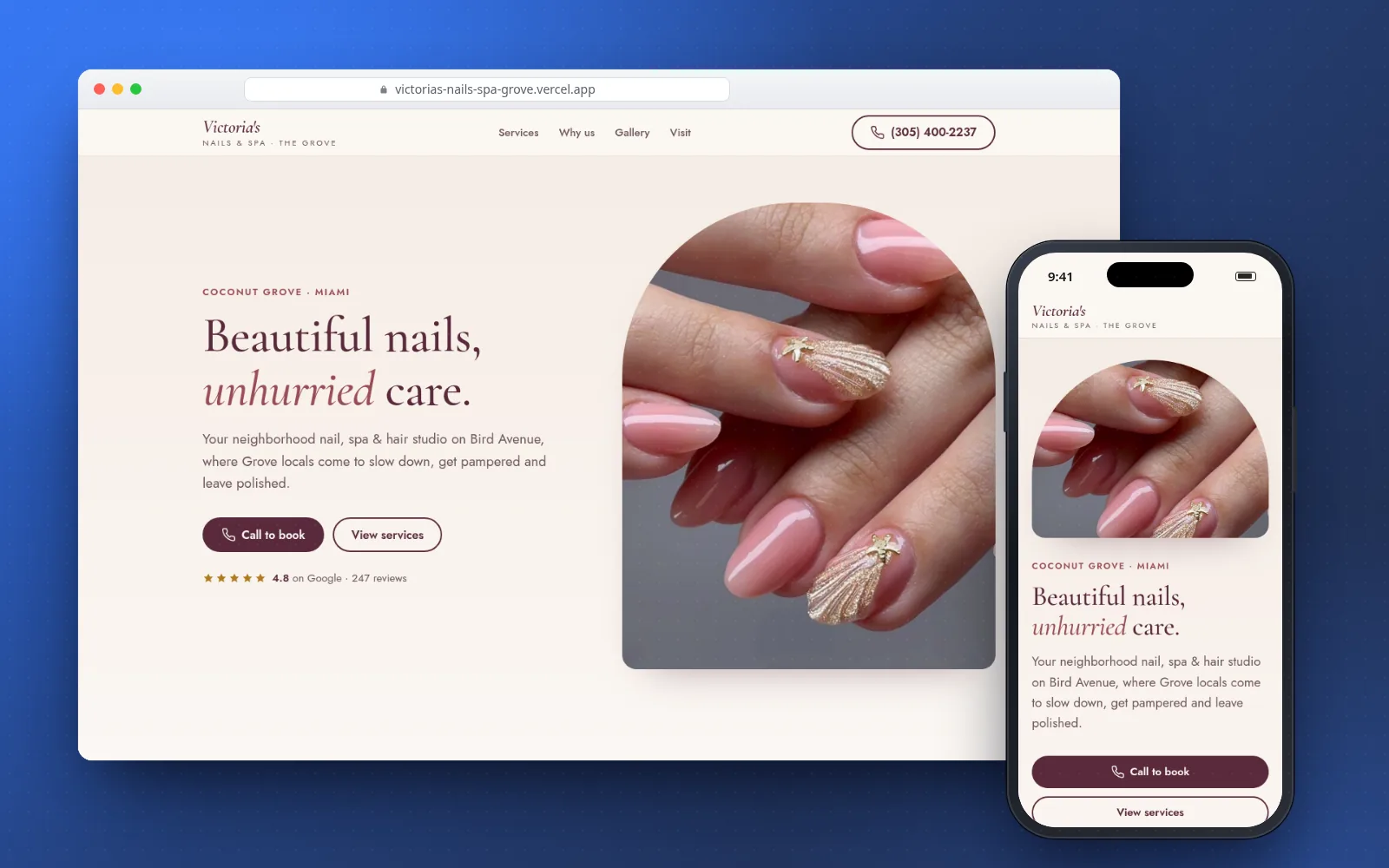 Victoria's Nails & Spa website shown on a laptop and a phone, representing a potential business website built by Julius for local SEO.