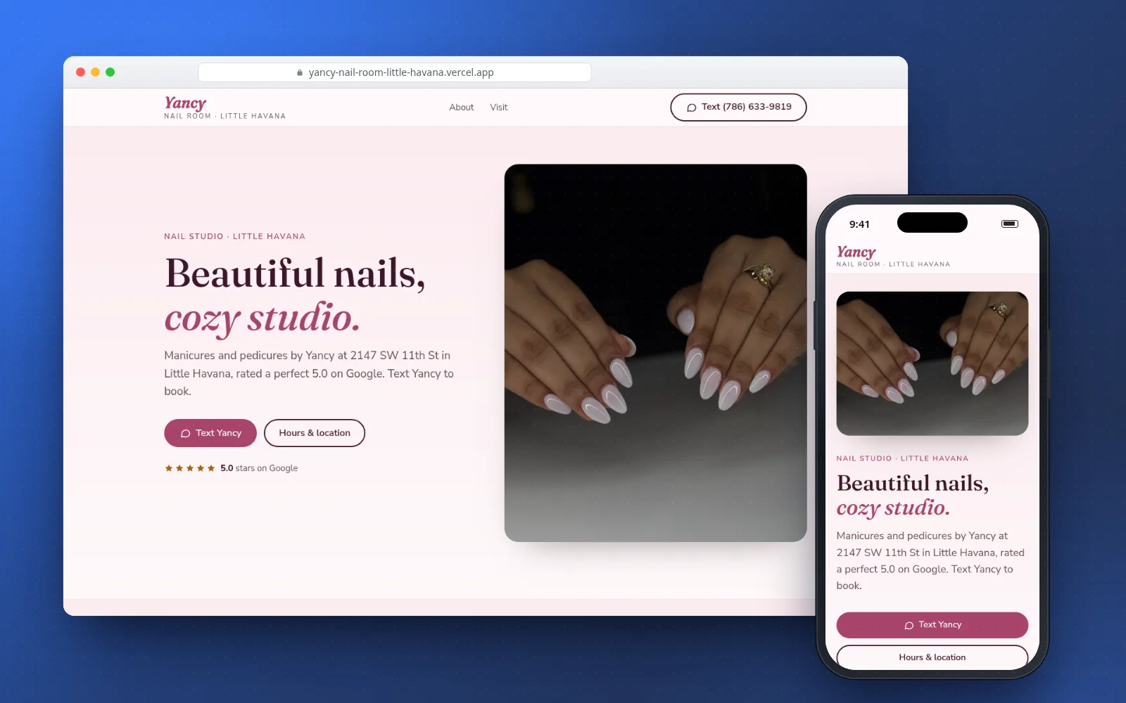 Yancy Nail Room website shown on a laptop and a phone (a free preview site built by Julius)