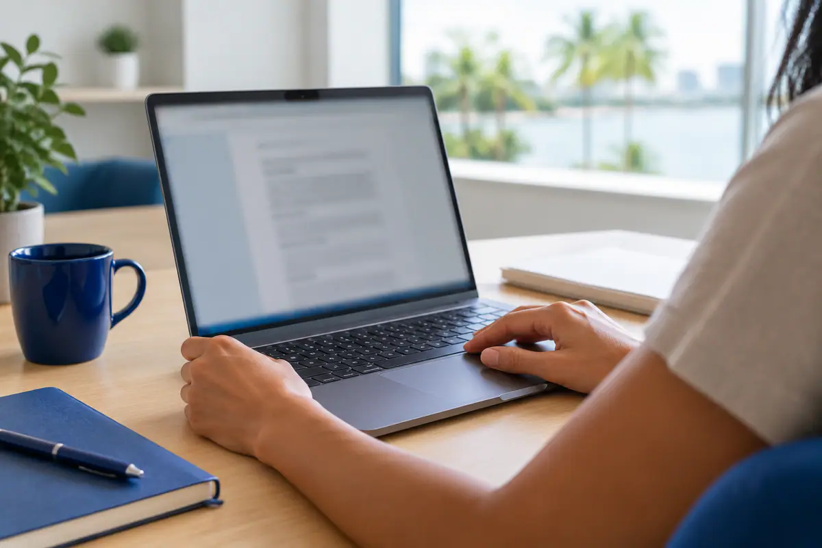 Hands on a laptop show AI content being reviewed for quality, not automatically penalized by Google.