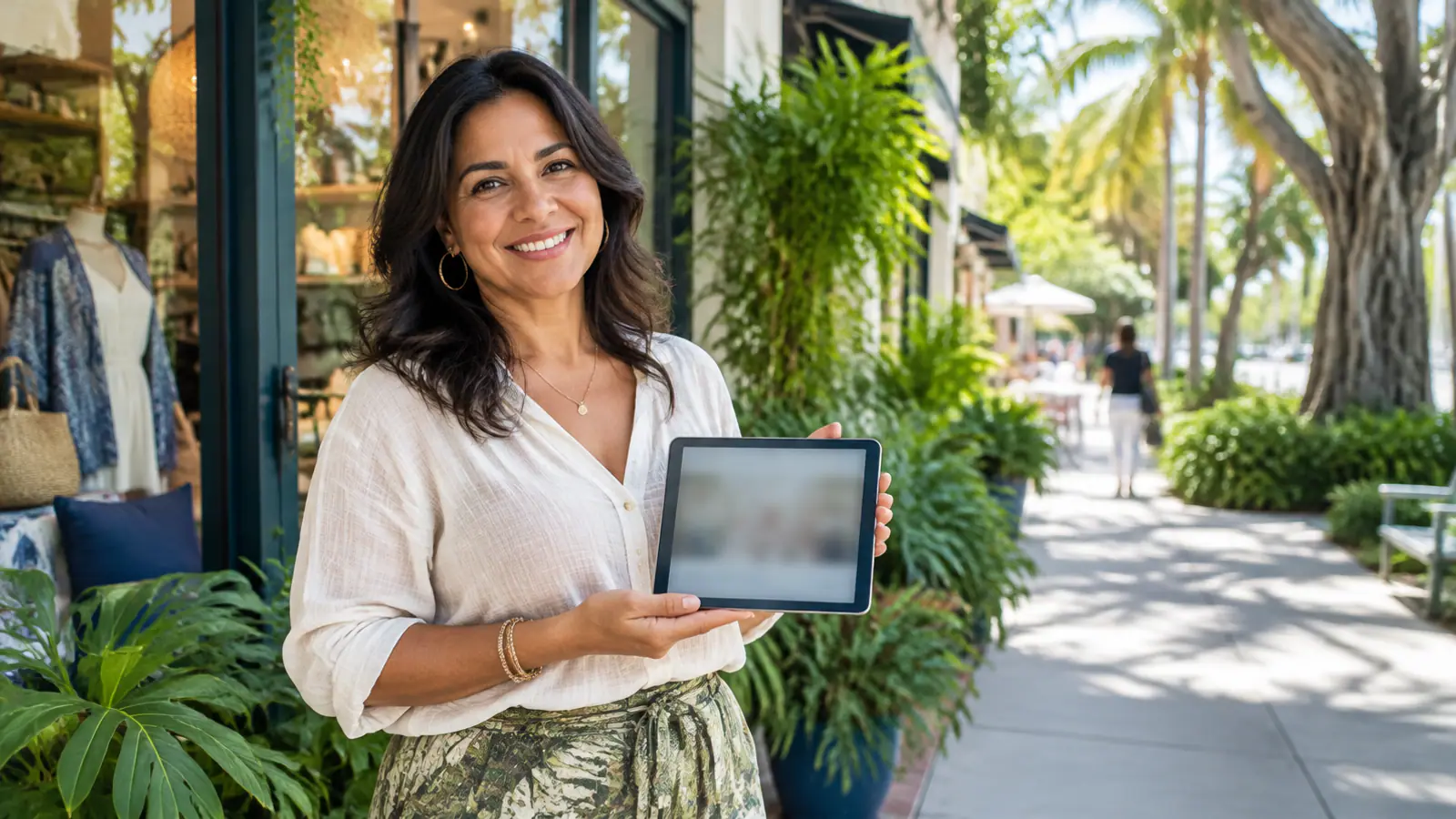 A boutique owner in Coconut Grove holds a tablet, showcasing how local businesses can use technology for their blog post ideas.