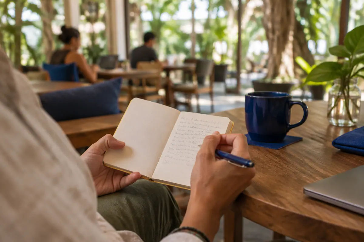 Hands holding a notebook and pen suggest brainstorming blog post ideas for a small business.