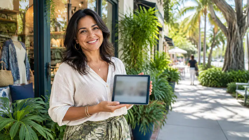 A boutique owner in Coconut Grove holds a tablet, showcasing how local businesses can use technology for their blog post ideas.