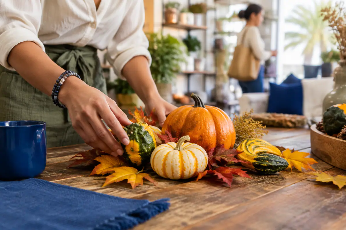 Autumn decor on a table, representing seasonal updates for a Coconut Grove business calendar.