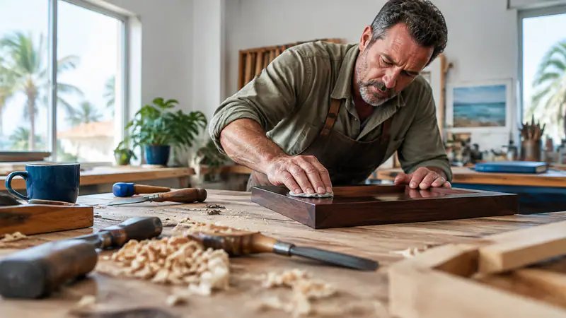 A woodworker polishing a frame, illustrating the hands-on aspect of local business maintenance for a Coconut Grove business calendar.