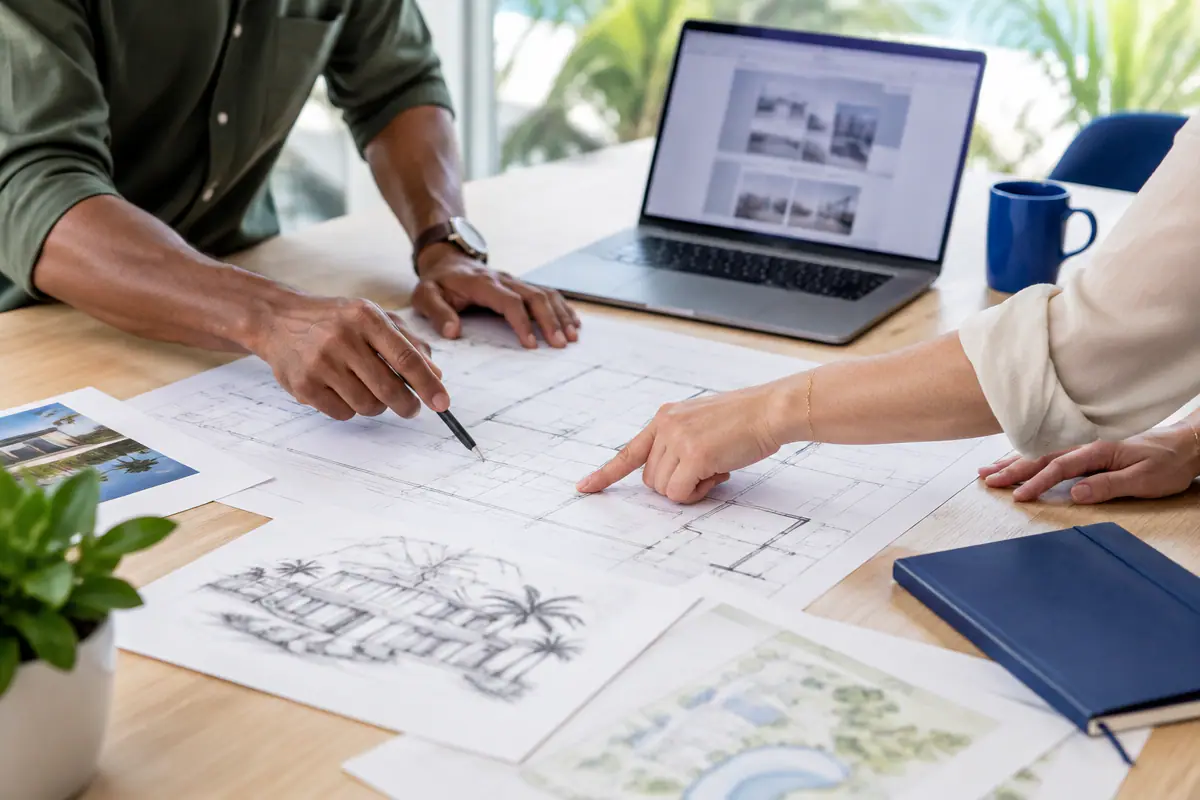 A website agency team collaborates on blueprints and wireframes, representing the comprehensive design and development process.