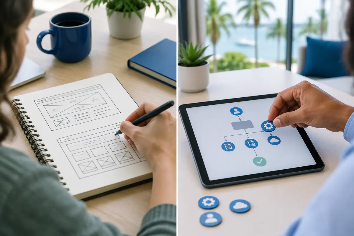 Comparing DIY website builders and agency or done-for-you plans involves different approaches to design and strategy, shown by sketching and flowcharting.