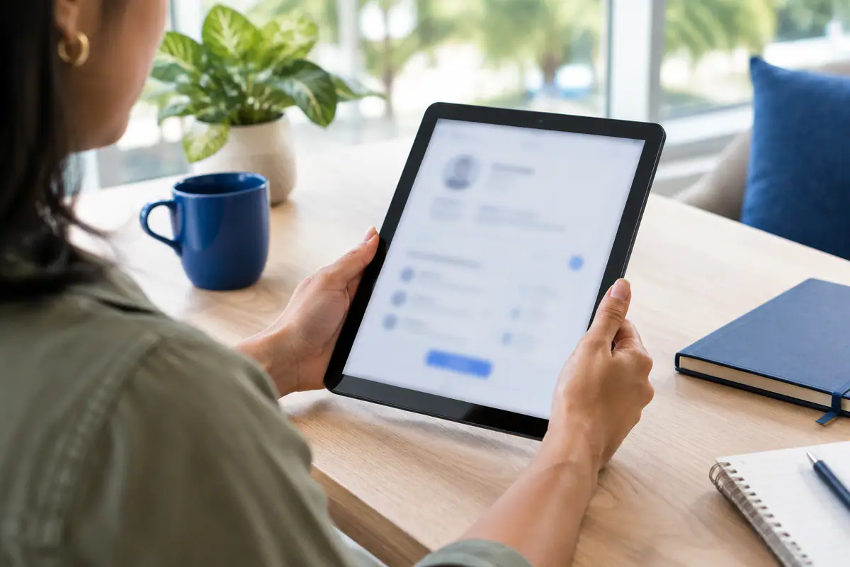 Hands holding a tablet to claim a Google Business Profile, the first step to getting your business on Google.