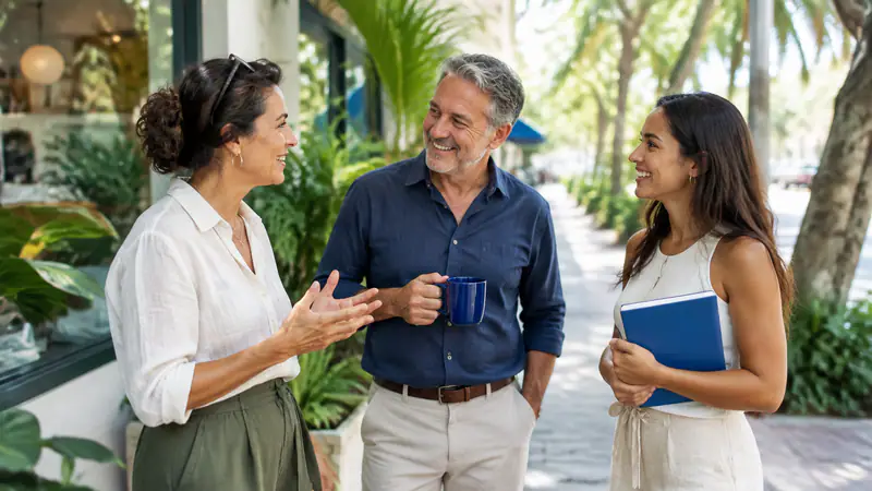 Coconut Grove business owners discussing strategies for getting more Google reviews to enhance their local online presence.