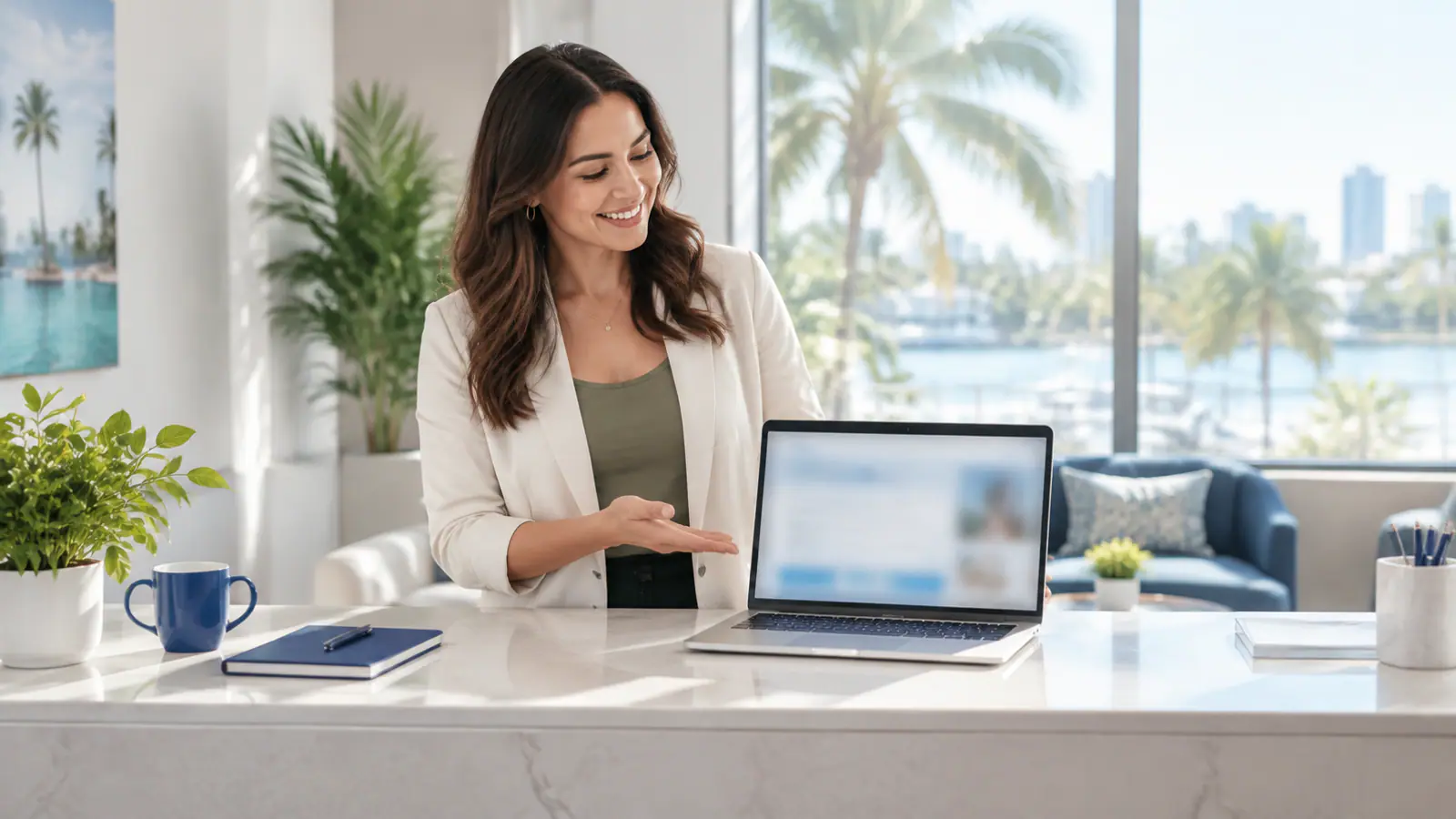 Woman at desk points to laptop, illustrating the ease of Google Business Profile setup for local businesses.