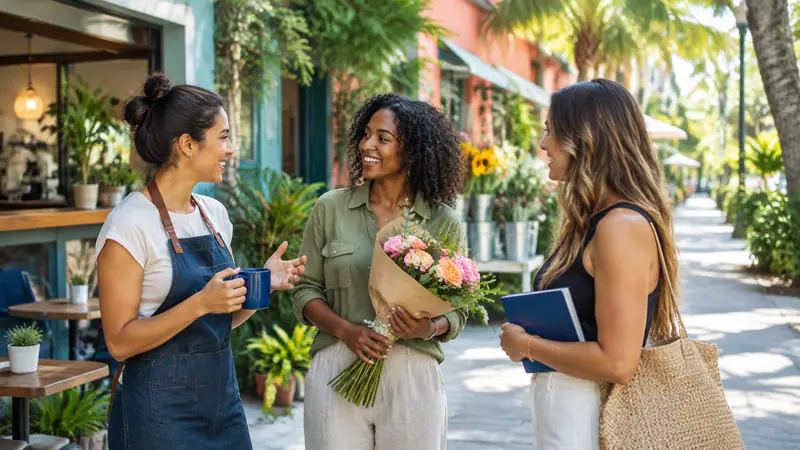 Coconut Grove business owners planning blog posts together on a sunlit street, sharing ideas and strategies for their local businesses.