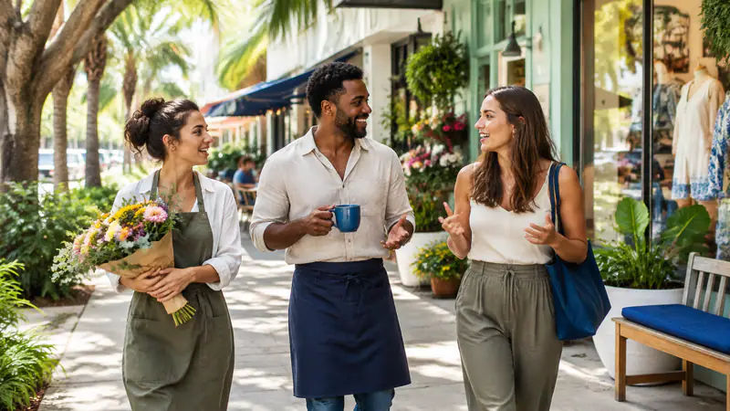 Coconut Grove small business owners discussing local SEO strategies for increased visibility in Miami searches.